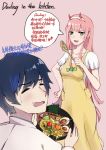  1boy 1girl 1koma apron bangs bigroll black_hair blush bowl breasts candy collared_shirt comic commentary_request couple darling_in_the_franxx english eyebrows_visible_through_hair fangs food green_eyes hair_ornament hairband hand_on_hip hetero highres hiro_(darling_in_the_franxx) holding holding_bowl holding_food honey horns long_hair long_sleeves looking_at_another medium_breasts noodles oni_horns open_mouth pink_hair pink_shirt ramen red_horns shirt short_hair short_sleeves speech_bubble sweatdrop translation_request white_hairband white_shirt wing_collar wooden_spoon yellow_apron zero_two_(darling_in_the_franxx) 