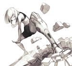  1girl bare_arms bare_shoulders bike_shorts clenched_hand dutch_angle highres legs_apart monochrome navel open_mouth original outstretched_arm robot_joints short_hair simple_background solo standing white_background 