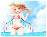  1girl :d bangs bare_shoulders bikini blonde_hair blue_sky blurry bokeh bow breasts cleavage clouds cloudy_sky cowboy_shot crystal day depth_of_field fang flandre_scarlet flower groin hair_between_eyes haruki_(colorful_macaron) hat hat_flower hibiscus light_rays looking_at_viewer medium_breasts midriff navel ocean one_side_up open_mouth outdoors red_bikini red_eyes short_hair sky smile solo sparkle standing stomach straw_hat summer swimsuit touhou wading water water_drop wet white_bow wings 