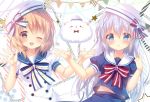  2girls ;d angora_rabbit bangs belly_peek beret blue_eyes blue_hair blue_shirt blue_skirt blush bow bowtie commentary_request double-breasted dress gochuumon_wa_usagi_desu_ka? hair_ornament hand_up hat hat_bow hoto_cocoa kafuu_chino light_blue_hair long_hair looking_at_viewer medium_hair mitsumomo_mamu multiple_girls neck_ribbon one_eye_closed open_mouth orange_hair rabbit red_bow red_neckwear ribbon rope sailor_dress sailor_hat shirt short_sleeves skirt smile sparkle star string_of_flags striped striped_bow striped_neckwear tippy_(gochiusa) white_hat white_shirt x_hair_ornament 