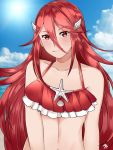  1girl bare_shoulders fire_emblem fire_emblem:_kakusei fire_emblem_heroes hair_ornament long_hair looking_at_viewer maji_(majibomber) red_eyes red_swimsuit redhead seashell shell solo starfish summer swimsuit cordelia_(fire_emblem) 