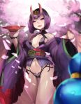  1girl breasts cherry_blossoms cowboy_shot cup eyebrows_visible_through_hair eyeshadow fangs fate/grand_order fate_(series) gourd groin headpiece holding horns japanese_clothes kimono legs_crossed long_sleeves looking_at_viewer makeup navel obi oni oni_horns open_clothes open_kimono petals pink_pupils purple_hair purple_kimono sakazuki sash short_hair shuten_douji_(fate/grand_order) small_breasts solo standing straight_hair teeth thigh_gap thighs ton_(artist) violet_eyes watson_cross wide_sleeves 