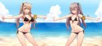  2girls absurdres armband ass_visible_through_thighs bangs beach bikini black_bikini blue_sky bow breasts brown_hair cleavage closed_eyes closed_mouth clouds collared_vest contrapposto day eyebrows_visible_through_hair front-tie_bikini front-tie_top girls_frontline hair_bow highres horizon large_breasts long_hair looking_at_viewer multiple_girls narynn navel ocean open_mouth outdoors outstretched_arms outstretched_hand scar scar_across_eye side-tie_bikini side-tie_bottom side_ponytail sidelocks sisters sky small_breasts smile solo standing strap_gap string_bikini swimsuit twins twintails ump45_(girls_frontline) ump9_(girls_frontline) violet_eyes water wet wet_hair 