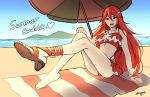  1girl bare_shoulders beach bikini feet fire_emblem fire_emblem:_kakusei fire_emblem_heroes hair_ornament high_heels long_hair looking_at_viewer open_mouth parasol red_eyes red_swimsuit redhead sandals shell solo starfish streyah summer swimsuit thighs cordelia_(fire_emblem) umbrella 