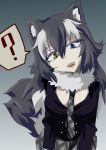  1girl :d ? animal_ears black_hair black_jacket blazer blue_eyes breast_pocket breasts buttons commentary_request eri_(yangyang_nickbow) eyebrows_visible_through_hair fang fur_collar green_hair grey_neckwear grey_skirt grey_wolf_(kemono_friends) hair_between_eyes head_tilt heterochromia highres jacket kemono_friends long_hair long_sleeves looking_at_viewer multicolored_hair necktie open_mouth plaid plaid_neckwear plaid_skirt pocket skirt slit_pupils smile solo spoken_question_mark tail two-tone_hair upper_body wolf_ears wolf_girl wolf_tail yellow_eyes 