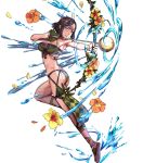  1girl angry armpits arrow ass bare_shoulders bikini black_hair bow_(weapon) breasts cleavage clenched_teeth feathers fire_emblem fire_emblem:_kakusei fire_emblem_heroes flower full_body hair_ornament hibiscus highres holding holding_bow_(weapon) holding_weapon large_breasts noire_(fire_emblem) official_art one_leg_raised short_hair sidelocks solo swimsuit teeth transparent_background weapon 