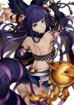  :d animal_ears ass backless_outfit bangs bell black_gloves blue_eyes blunt_bangs blurry blurry_foreground commentary_request cowboy_shot depth_of_field dress elbow_gloves erune eyebrows_visible_through_hair floating_hair from_behind gloves granblue_fantasy hair_bell hair_ornament highres jingle_bell legband long_hair looking_at_viewer looking_back multicolored multicolored_eyes open-back_dress open_mouth purple_hair shimashima_(simasima_23) simple_background smile standing tail violet_eyes white_background white_dress yuel_(granblue_fantasy) 