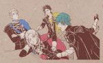  1girl 3boys annoyed arm_rest black_gloves blue_cape blue_eyes braid byleth_(fire_emblem) byleth_eisner_(male) byleth_eisner_(male) cape claude_von_regan_(fire_emblem) claude_von_riegan crossed_arms dimitri_alexandre_bladud dimitri_alexandre_bladud_(fire_emblem) edelgard_von_hresvelg edelgard_von_hresvelgr_(fire_emblem) fire_emblem fire_emblem:_three_houses gloves green_cape green_eyes highres intelligent_systems long_hair looking_at_another male_my_unit_(fire_emblem:_three_houses) meibatsu multiple_boys my_unit_(fire_emblem:_three_houses) nintendo on_table pink_cape pink_eyes pointing pout signature simple_background single_braid spot_color table tan_background uniform violet_eyes white_gloves yellow_cape 