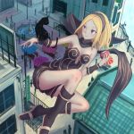  1girl animal bare_shoulders black_cat black_scarf blonde_hair cat collarbone dark_skin dusty_(gravity_daze) falling gravity_daze gravity_daze_2 hairband highres kitten_(gravity_daze) leg_warmers leotard long_hair red_eyes roke_(taikodon) scarf simple_background solo strapless vambraces 