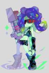 1girl amakusa_(hidorozoa) belt black_gloves blue_hair boots breasts closed_mouth fingerless_gloves full_body gloves goggles green_skin grey_background gun highres holding holding_gun holding_weapon looking_at_viewer octoling octoling_girl paint_gun simple_background small_breasts smile solo splatoon splatoon_2 suction_cups takozonesu tentacle_hair weapon