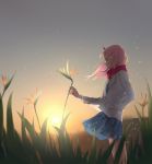 1girl commentary_request darling_in_the_franxx flower from_side green_eyes hairband hand_in_pocket highres holding holding_flower horns jacket pink_hair plaid plaid_skirt red_horns red_scarf scarf school_uniform skirt sky solo standing sunset umumu white_hairband zero_two_(darling_in_the_franxx) 