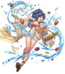  1girl banana bare_arms blue_eyes book braid breasts cleavage covered_navel cuboon dragon_fruit female fire_emblem fire_emblem_heroes food fruit full_body hair_ribbon high_ponytail highres holding holding_book long_hair looking_away looking_to_the_side no_legwear no_socks official_art one-piece_swimsuit open_book open_mouth pineapple ponytail ribbon sandals shoes solo swimsuit tana thigh_gap tied_hair transparent_background twin_braids water 