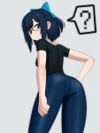  1girl ? ass bangs black_shirt blue_bow blue_eyes blush bow commentary denim from_behind glasses grey_background hair_bow iwahana jeans looking_at_viewer pants pantylines pocket shirt short_hair short_ponytail solo t-shirt tokino_sora_channel virtual_youtuber yuujin_a_(tokino_sora_channel) 