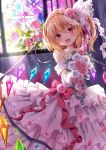  1girl :d bangs bare_shoulders blonde_hair blush bouquet bow braid cowboy_shot crown_braid crystal dress earrings elbow_gloves eyebrows_visible_through_hair fang flandre_scarlet flower gloves hair_between_eyes hair_flower hair_ornament head_tilt holding holding_bouquet indoors jewelry kure~pu light_rays looking_at_viewer necklace off-shoulder_dress off_shoulder one_side_up open_mouth pearl_necklace petals pink_flower pink_rose red_bow red_eyes rose short_hair smile solo stained_glass stud_earrings touhou veil wedding_dress white_flower white_gloves white_rose wings 