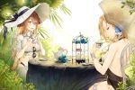 2girls alternate_costume azur_lane bangle bangs bare_shoulders bikini blonde_hair blue_flower blue_rose bracelet breasts brown_hair bush cleavage closed_mouth collared_shirt cup day eyebrows_visible_through_hair flower girls_frontline greenhouse hair_flower hair_ornament hair_up half-closed_eyes hat highleg highleg_bikini highres holding holding_cup hood_(azur_lane) ia_(ias1010) indoors jewelry light_particles long_hair looking_at_another looking_at_viewer m1903_springfield_(girls_frontline) multiple_girls o-ring_top open_mouth rose saucer shirt shoulder_blades sidelocks sitting skindentation sleeves_rolled_up smile spoon sun_hat sunlight sweat swimsuit teacup teapot umbrella very_long_hair water_drop white_shirt 