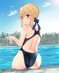  1girl absurdres ahoge artoria_pendragon_(all) ass blonde_hair blue_bow blue_swimsuit bow competition_swimsuit day fate/stay_night fate_(series) from_behind green_eyes hair_bow hair_bun highres looking_back one-piece_swimsuit outdoors pool poolside saber sarfata sidelocks sitting sky soaking_feet solo swimsuit water wet wet_clothes 