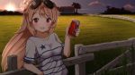  1girl ahoge alcohol alternate_costume ame. azur_lane backlighting bangs beer blonde_hair blush breasts budweiser can casual collarbone columbia_(azur_lane) elbow_rest evening eyebrows_visible_through_hair fence hair_between_eyes holding holding_can leaning long_hair looking_at_viewer medium_breasts open_mouth outdoors sidelocks smile solo sun sunset 