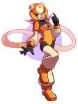  1girl adapted_costume black_gloves blue_eyes blush bodysuit capcom commentary full_body gloves headgear helmet looking_to_the_side nana_(rockman) one_leg_raised open_mouth orange_footwear pink_hair rockman rockman_exe rockman_x rockman_x_command_mission shoes simple_background smile solo standing standing_on_one_leg tentokki 
