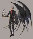  1boy black_footwear black_gloves black_pants black_wings fantasy full_body glasses gloves grey_background grey_hair highres holding holding_staff long_sleeves looking_back magic male_focus original pants pointy_ears shoes simple_background staff standing thigh_strap wings zzinp 