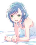  1girl :d bang_dream! bed_sheet blue_hair bow bracelet choker come_hither e20 eyebrows_visible_through_hair fang green_eyes hair_bow hikawa_hina jewelry looking_at_viewer lying on_stomach open_mouth short_hair side_braids smile solo white_bow white_choker 