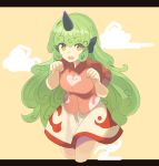  1girl breasts clouds commentary_request cropped_legs curly_hair green_eyes green_hair hands_up highres horn komano_aun letterboxed long_hair looking_at_viewer medium_breasts open_mouth paw_pose red_shirt rin_falcon shirt short_sleeves simple_background skirt solo thighs touhou very_long_hair white_skirt wing_collar yellow_background 