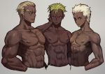  3boys abs archer blonde_hair closed_mouth cropped_torso crossover dark_skin dark_skinned_male earlobes earrings eyebrows fate/stay_night fate_(series) gamagoori_ira green_hair grey_background hair_slicked_back hands_in_pockets highres jewelry kill_la_kill king_of_prism_by_prettyrhythm leeis_cool looking_at_viewer multiple_boys multiple_crossover muscle nipples pretty_rhythm shirtless simple_background trait_connection undercut violet_eyes white_hair yamato_alexander 