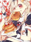  1girl black_ribbon black_serafuku blonde_hair blush commentary_request eating fingerless_gloves food food_on_face fork fruit gloves hair_flaps hair_ornament hair_ribbon hairclip heart heart-shaped_pupils highres holding holding_fork kantai_collection long_hair looking_at_viewer neckerchief pancake plate red_eyes red_neckwear remodel_(kantai_collection) ribbon scarf school_uniform serafuku short_sleeves solo strawberry sumoffu symbol-shaped_pupils syrup whipped_cream yuudachi_(kantai_collection) 