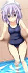  1girl blue_swimsuit blush breasts commentary_request day from_above hat highres lavender_eyes lavender_hair letty_whiterock looking_at_viewer looking_up old_school_swimsuit one-piece_swimsuit pool poolside rappa_(rappaya) school_swimsuit small_breasts smile soaking_feet solo swimsuit touhou wading water yuki_onna 