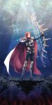 1boy armor bow_(weapon) cape closed_eyes cross fate/grand_order fate_(series) gloves greaves highres long_hair male_focus outstretched_arms redhead shioika solo sparkle tristan_(fate/grand_order) weapon 