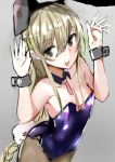  1girl :p animal_ears black_eyes blonde_hair bunny_pose bunny_tail bunnysuit detached_collar eyebrows_visible_through_hair fake_animal_ears grey_background hair_between_eyes hairband hands_up highres long_hair muoto original rabbit_ears simple_background solo tail tongue tongue_out very_long_hair wrist_cuffs 