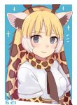  1girl ancolatte_(onikuanco) animal_ears belt blonde_hair blue_eyes blush brown_hair collared_shirt dated elbow_gloves eyebrows_visible_through_hair giraffe_ears giraffe_horns giraffe_print gloves highres kemono_friends multicolored_hair necktie reticulated_giraffe_(kemono_friends) scarf shirt short_sleeves sparkle upper_body white_hair 