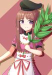  1girl apron arm_up bangs brown_hair capelet dress drop_shadow eyebrows_visible_through_hair hat highres holding_plant long_hair looking_at_viewer myouga_(plant) nishida_satono pink_dress puffy_short_sleeves puffy_sleeves short_sleeves sidelocks simple_background solo standing swept_bangs tate_eboshi touhou two-tone_background upper_body violet_eyes waist_apron yu_cha 