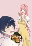  1boy 1girl apron bangs bigroll black_hair blush bowl breasts candy collared_shirt commentary_request couple darling_in_the_franxx eyebrows_visible_through_hair fangs food green_eyes hair_ornament hairband hand_on_hip hetero highres hiro_(darling_in_the_franxx) holding holding_bowl holding_food honey horns long_hair long_sleeves looking_at_another medium_breasts noodles oni_horns open_mouth pink_hair pink_shirt ramen red_horns shirt short_hair short_sleeves sweatdrop white_hairband white_shirt wing_collar wooden_spoon yellow_apron zero_two_(darling_in_the_franxx) 
