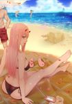  1boy 3girls absurdres aqua_eyes ass bare_legs bare_shoulders barefoot beach bikini black_bikini blue_sky breasts cleavage clouds commentary_request darling_in_the_franxx day female_swimwear flower full_body highres hiro_(darling_in_the_franxx) horns koi_han long_hair looking_at_viewer looking_back lotion lotion_bottle male_swimwear medium_breasts multiple_girls ocean outdoors parted_lips petals sand sand_castle sand_sculpture side-tie_bikini sideboob sitting sky slippers solo_focus swim_trunks swimsuit swimwear zero_two_(darling_in_the_franxx) 