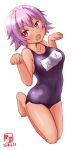  1girl arched_back artist_logo blue_swimsuit commentary_request dated fang full_body highres kanon_(kurogane_knights) kantai_collection one-piece_tan open_mouth paw_pose purple_hair red_eyes school_swimsuit short_hair simple_background solo swimsuit tama_(kantai_collection) tan tanline white_background 