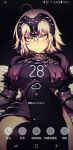  1girl ahoge armor armored_dress blonde_hair blush breasts cellphone chinese dark_background fate/grand_order fate_(series) fishine jeanne_d&#039;arc_(alter)_(fate) jeanne_d&#039;arc_(fate)_(all) large_breasts looking_at_viewer phone phone_screen reclining smartphone solo sweat thigh-highs translation_request wavy_mouth yellow_eyes 