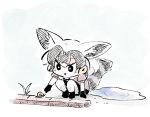  1girl animal_ears chibi commentary extra_ears fennecoon_(kemono_friends)_(panzuban) gloves original panzuban poking puddle puffy_short_sleeves puffy_sleeves short_hair short_sleeves snail solo squatting tail 