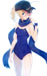  1girl :o ahoge amami_amayu arm_at_side artoria_pendragon_(all) bangs bare_shoulders baseball_cap black_hat blonde_hair blue_eyes blue_hat blue_scarf blue_swimsuit blush breasts clenched_hand collarbone commentary_request competition_school_swimsuit cowboy_shot eyebrows_visible_through_hair eyelashes fate/extella fate/extra fate/grand_order fate_(series) fingernails hair_through_headwear hand_to_own_mouth hand_up hat highres legs_apart long_fingernails looking_at_viewer mysterious_heroine_x nose_blush one-piece_swimsuit open_mouth ponytail rojiura_satsuki:_chapter_heroine_sanctuary saber scarf school_swimsuit short_hair sidelocks simple_background small_breasts solo standing swimsuit v-shaped_eyebrows walking wet wet_clothes wet_hair wet_swimsuit white_background wristband 