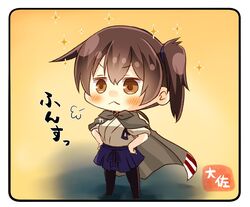  1girl :&lt; artist_name black_legwear blue_hakama brown_eyes brown_hair cape chibi full_body hakama hakama_skirt japanese_clothes kaga_(kantai_collection) kantai_collection long_hair pantyhose side_ponytail solo standing taisa_(kari) tasuki 