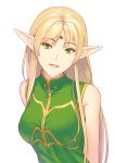  1girl :d arms_behind_back bangs blonde_hair breasts deedlit elf eyebrows_visible_through_hair fateline_alpha green_eyes head_tilt highres jewelry long_hair medium_breasts open_mouth pointy_ears record_of_lodoss_war shirt simple_background smile solo upper_body very_long_hair white_background 