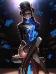  1girl alternate_costume arm_support auditorium backlighting card dark_background dark_skin finger_to_mouth gloves hat liang_xing looking_at_viewer magician_symmetra mechanical_arm mole mole_under_mouth overwatch parted_lips sitting solo symmetra_(overwatch) thigh-highs top_hat white_gloves 