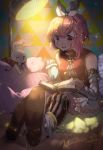  1girl bare_shoulders book bow gloves hair_bow hair_ribbon nachoz_(natsukichann) open_mouth original perspective pink_eyes pink_hair ribbon short_hair sitting smile 