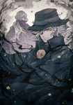  2boys cape cloak clouds edmond_dantes_(fate/grand_order) fate/grand_order fate_(series) fedora glowing glowing_eye grey_hair hat male_focus multiple_boys shioika solo_focus yellow_eyes 