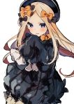  1girl abigail_williams_(fate/grand_order) bangs black_bow black_dress black_hat blue_eyes blush bow dress fate/grand_order fate_(series) floating_hair hair_bow hand_up hat ikeuchi_tanuma long_hair long_sleeves orange_bow parted_bangs parted_lips sleeves_past_fingers smile solo very_long_hair 