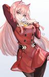  alpaca_carlesi arm_up bangs blue_eyes breasts cowboy_shot darling_in_the_franxx demon_horns dress eyeshadow fang grin horns lips long_hair long_sleeves looking_at_viewer makeup necktie pantyhose pink_hair smile upper_body zero_two_(darling_in_the_franxx) 