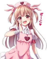  1girl apron armband bandage bangs blush bunny_hair_ornament collarbone commentary eyebrows_visible_through_hair fang hair_ornament hand_up hat heart highres light_brown_hair long_hair looking_at_viewer natori_sana nurse_cap open_mouth pink_apron pink_hat pocket puffy_short_sleeves puffy_sleeves rariemonn red_eyes sana_channel short_sleeves smile two_side_up virtual_youtuber 