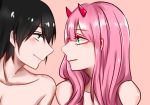  1boy 1girl bangs black_hair blue_eyes blush collarbone commentary couple darling_in_the_franxx eyebrows_visible_through_hair face-to-face green_eyes hetero hiro_(darling_in_the_franxx) horns long_hair looking_at_another oni_horns pink_hair qiuxueovo red_horns shirtless short_hair zero_two_(darling_in_the_franxx) 
