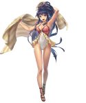  1girl armpits bangs bare_arms blue_eyes braid breasts cleavage covered_navel cuboon female fire_emblem fire_emblem_heroes full_body high_ponytail highres holding holding_towel legs long_hair no_legwear no_socks official_art one-piece_swimsuit open_mouth open_shoes ponytail sandals shoes simple_background smile solo standing swimsuit tana toeless_footwear towel transparent_background twin_braids 