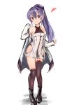 1girl asymmetrical_legwear bare_shoulders black_footwear boots bow_legwear brown_legwear full_body heart highres hip_vent long_hair looking_at_viewer muoto original ponytail purple_hair red_eyes simple_background smile solo thigh-highs undressing white_background 