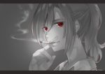  1girl aozaki_touko bangs cigarette commentary_request eyebrows_visible_through_hair greyscale hair_between_eyes hand_up kara_no_kyoukai karinto_yamada letterboxed long_hair looking_at_viewer monochrome ponytail portrait red_eyes sidelocks signature smoke smoking solo spot_color 